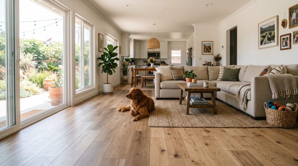 Long Beach ranch home living room with LVP and engineered hardwood flooring comparison and dog.