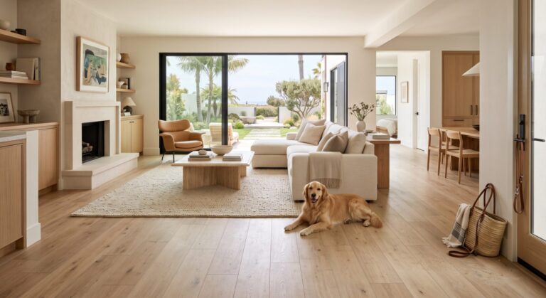 Waterproof light-oak luxury vinyl plank flooring in an upscale Huntington Beach living room with a large dog.