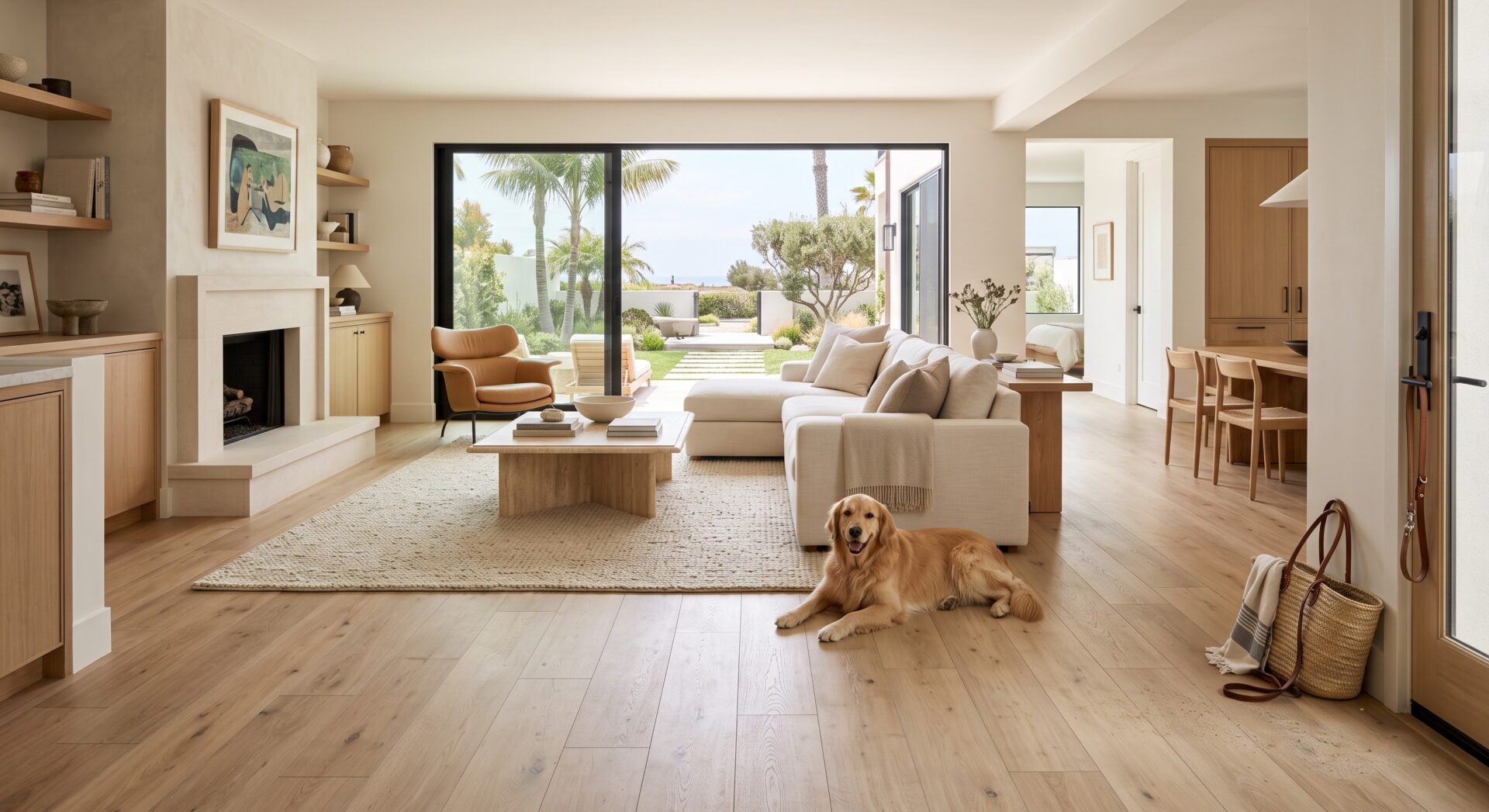 Waterproof light-oak luxury vinyl plank flooring in an upscale Huntington Beach living room with a large dog.