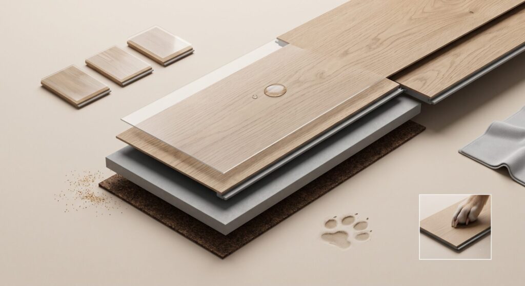 Cross-section of waterproof SPC luxury vinyl plank showing the wear layer, decorative surface, rigid core, and attached backing.