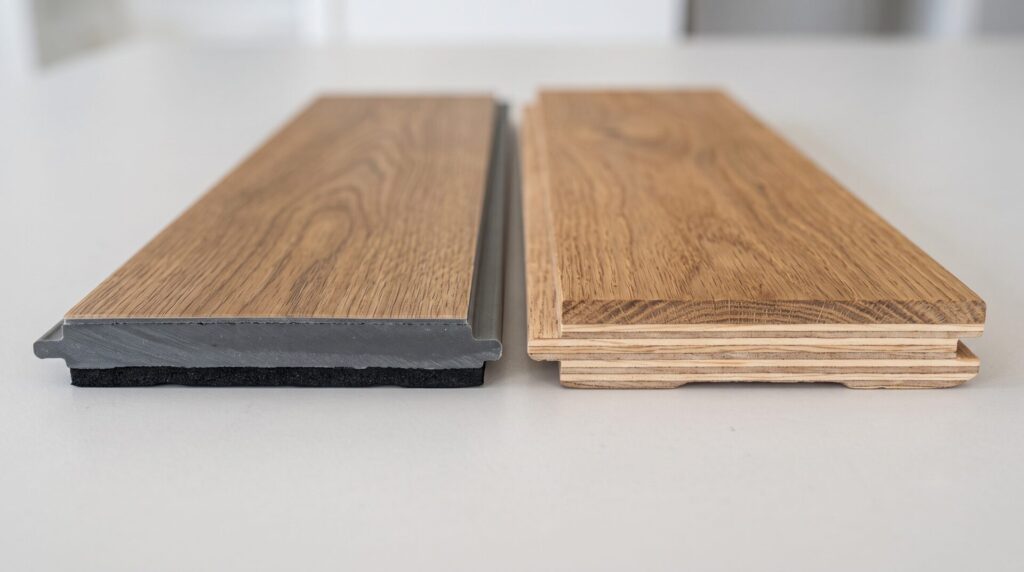 Rigid core SPC LVP plank and engineered hardwood plank cross-section comparison.