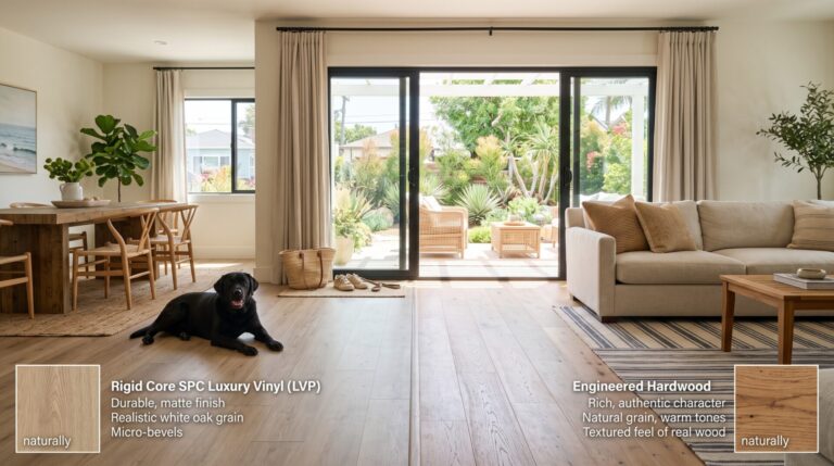LVP vs engineered hardwood flooring in Long Beach California home by Family Floors.