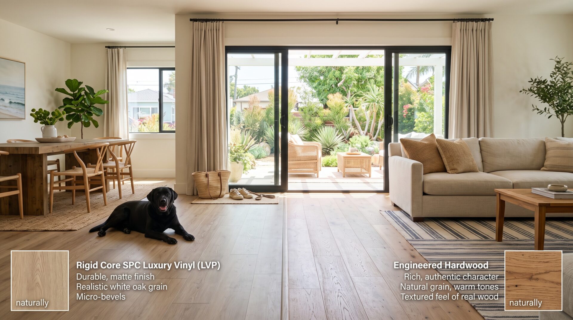 LVP vs engineered hardwood flooring in Long Beach California home by Family Floors.