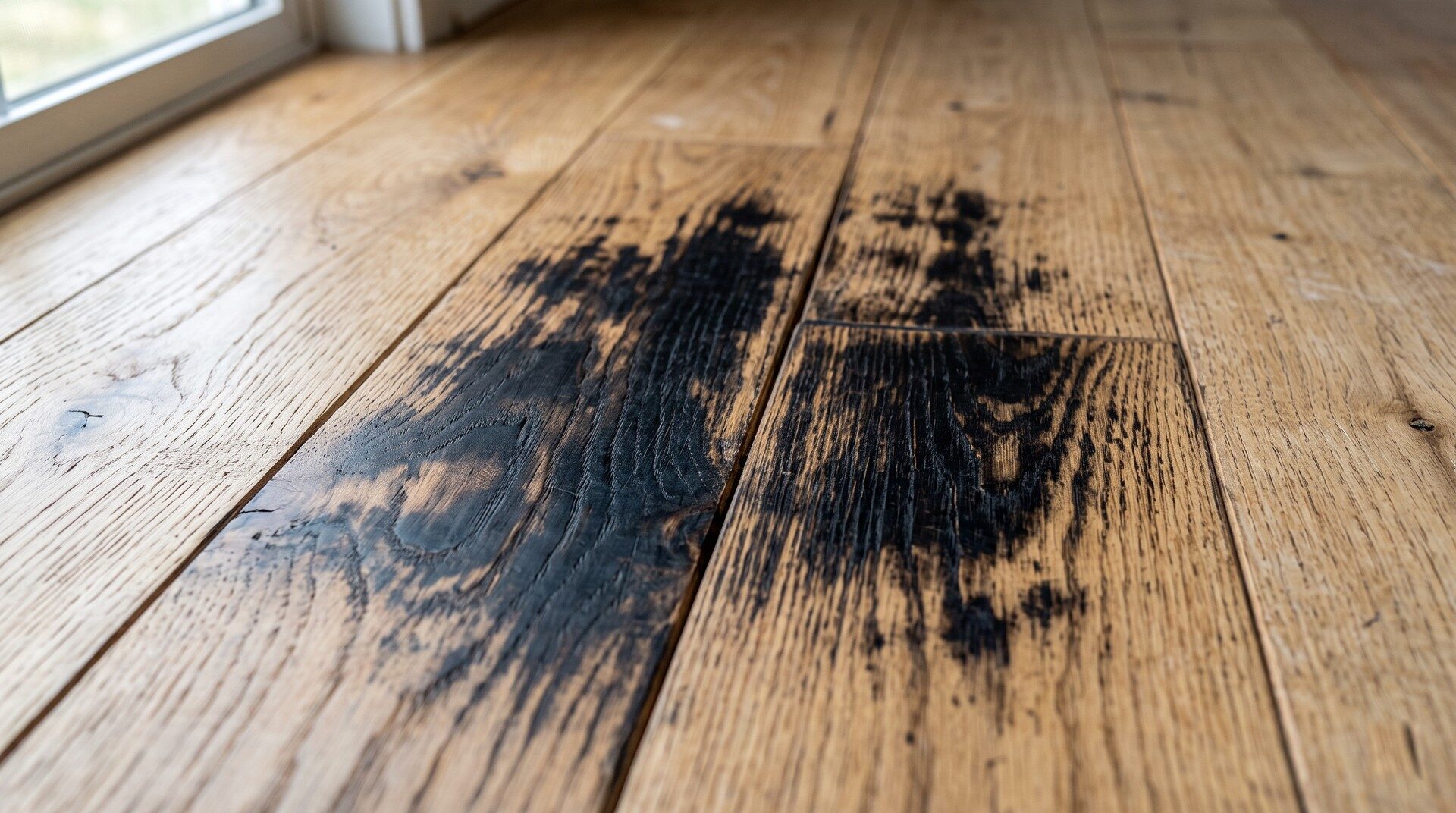 Deep black pet staining penetrating the grain of hardwood floor planks in a Long Beach home.