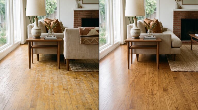 Before and after refinishing of original oak hardwood floors in a Long Beach postwar home by Family Floors.