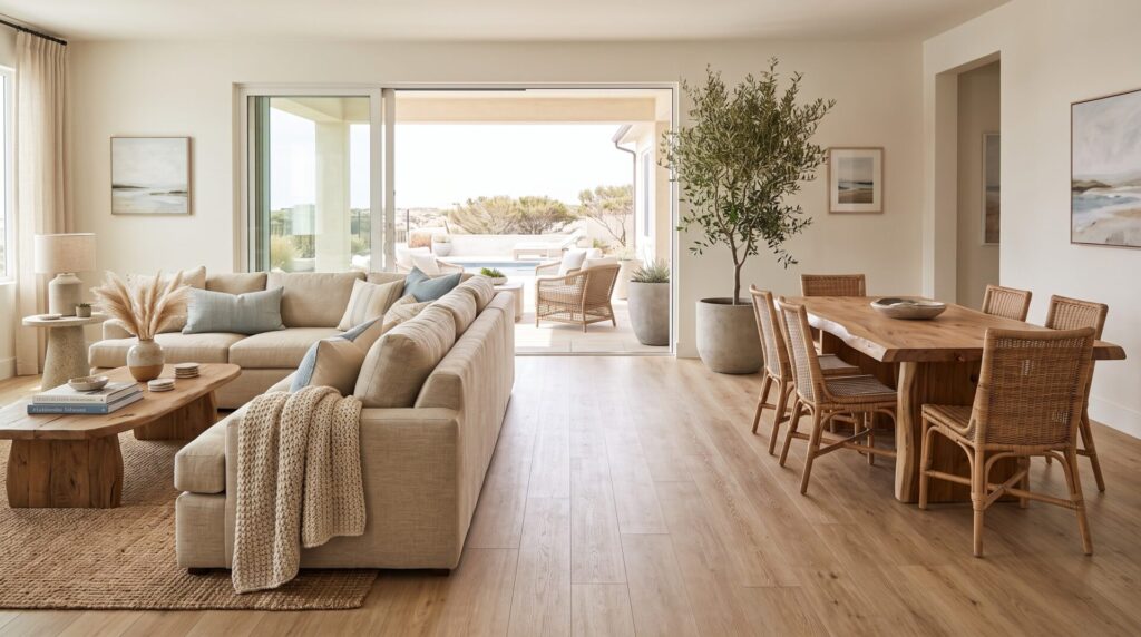 Open-plan Huntington Beach home with light oak LVP flooring in the living and dining area.