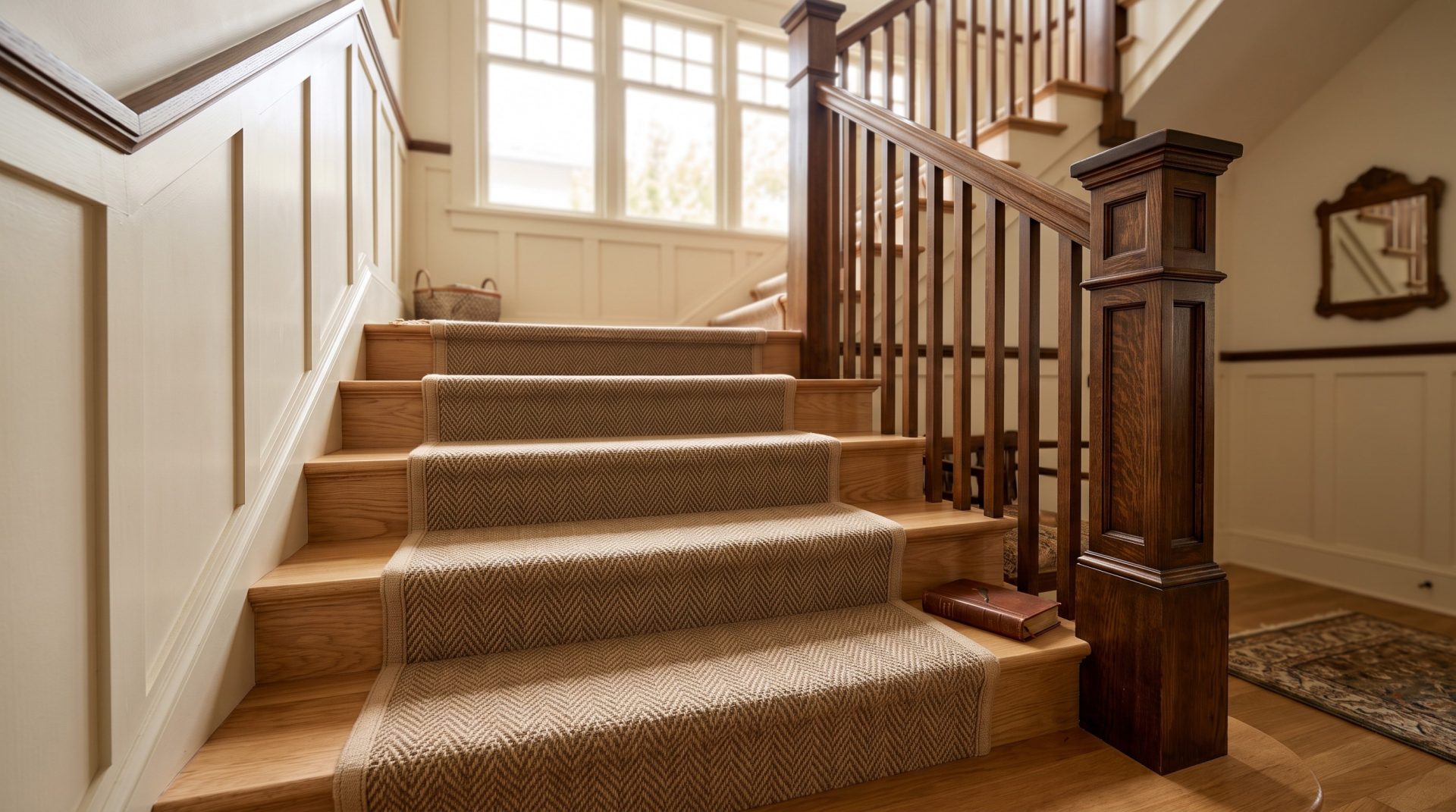Custom herringbone stair runner installed on oak stairs in a craftsman-style Long Beach home.
