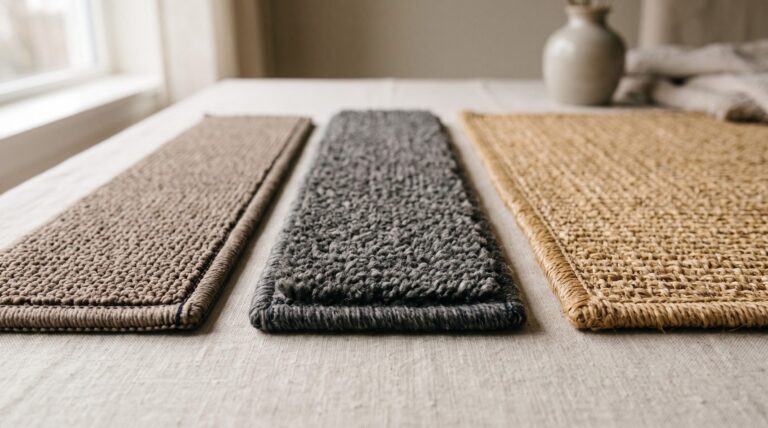 Close-up comparison of nylon, wool, and sisal stair runner samples showing different pile heights and textures.
